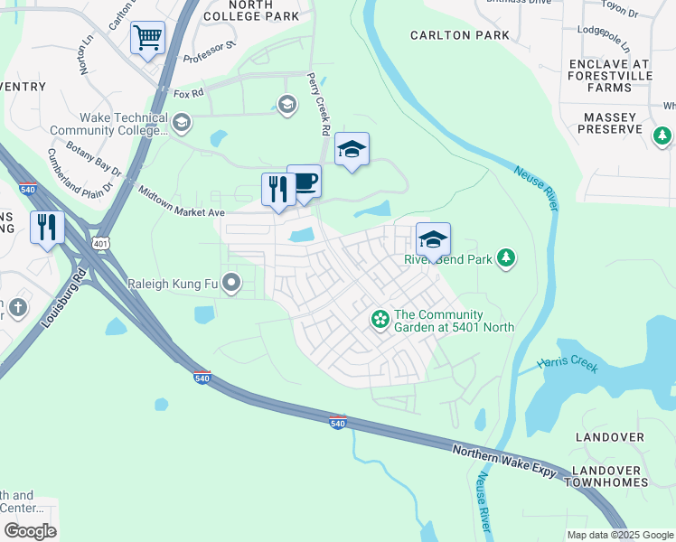 map of restaurants, bars, coffee shops, grocery stores, and more near 5500 Beardall Street in Raleigh