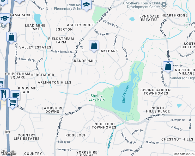 map of restaurants, bars, coffee shops, grocery stores, and more near 6229 Rushingbrook Drive in Raleigh