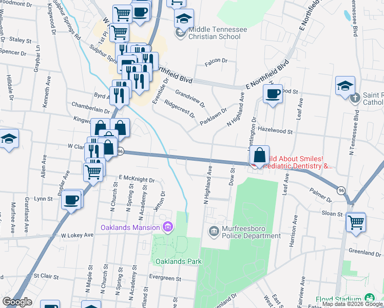 map of restaurants, bars, coffee shops, grocery stores, and more near 410 Eventide Drive in Murfreesboro