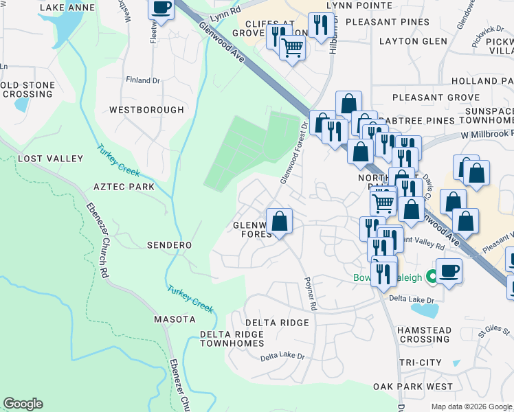 map of restaurants, bars, coffee shops, grocery stores, and more near 6053 History TR in Raleigh