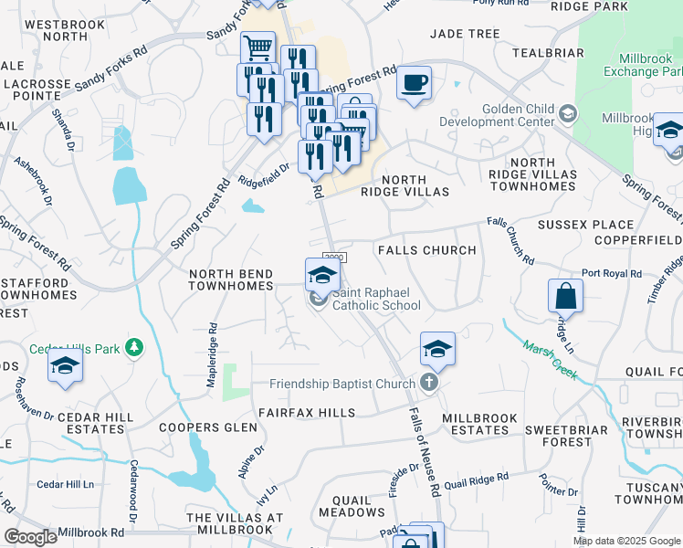 map of restaurants, bars, coffee shops, grocery stores, and more near 5804 Falls of Neuse Road in Raleigh