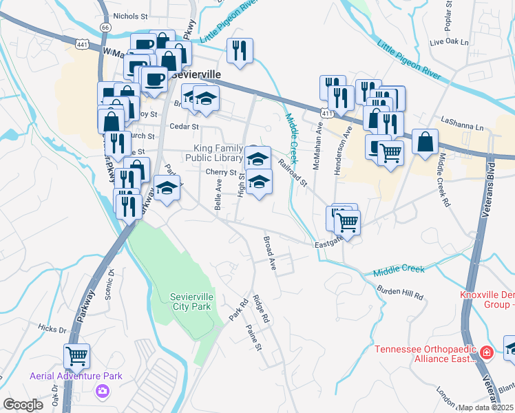 map of restaurants, bars, coffee shops, grocery stores, and more near 520 High Street in Sevierville