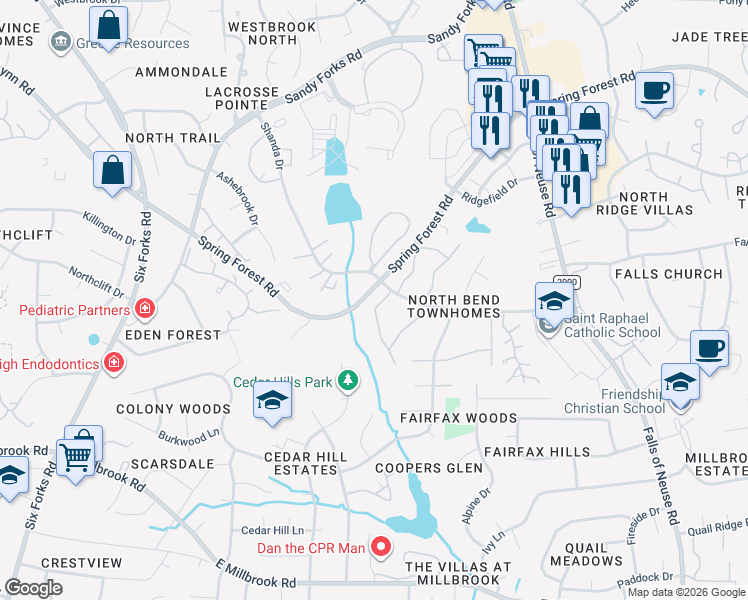 map of restaurants, bars, coffee shops, grocery stores, and more near 5901 Carmel Lane in Raleigh