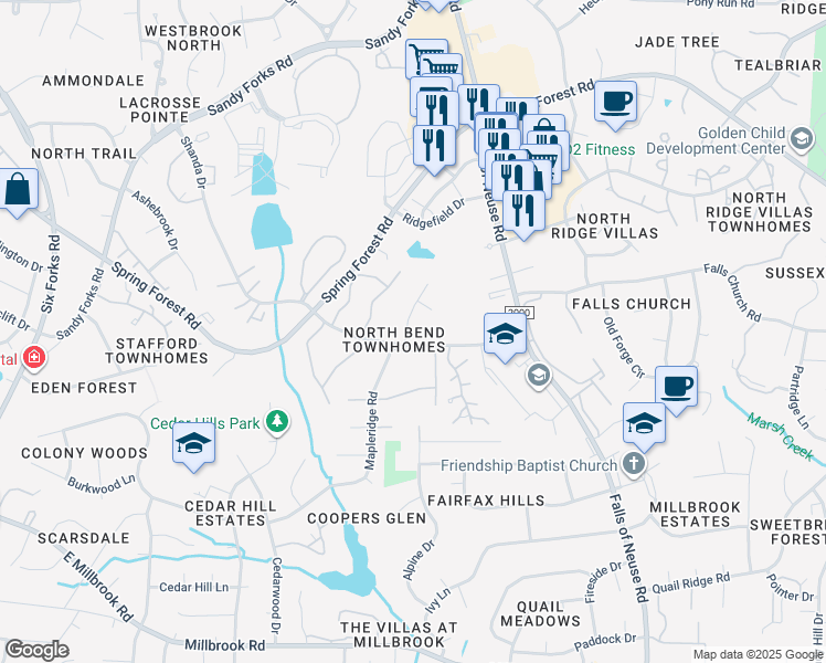 map of restaurants, bars, coffee shops, grocery stores, and more near 5904 Applewood Lane in Raleigh