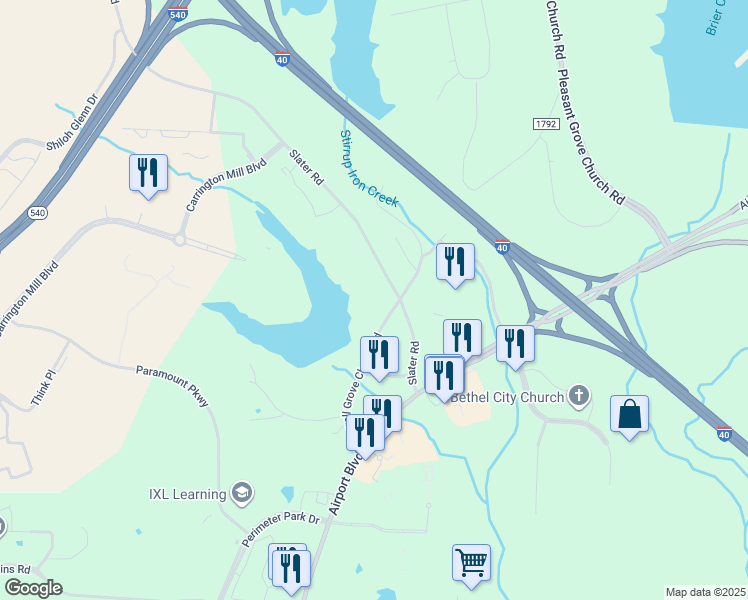 map of restaurants, bars, coffee shops, grocery stores, and more near 2801 Slater Road in Morrisville