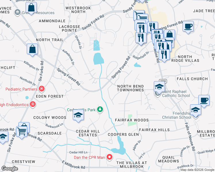 map of restaurants, bars, coffee shops, grocery stores, and more near 5901 Carmel Lane in Raleigh
