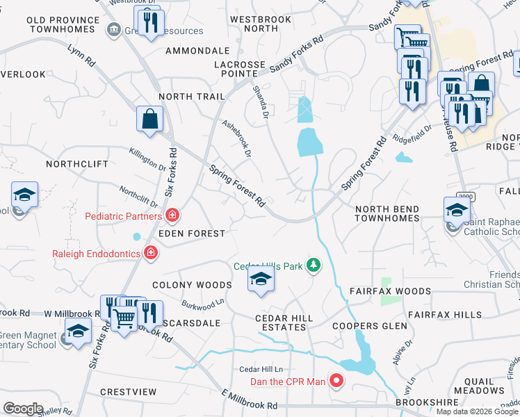 map of restaurants, bars, coffee shops, grocery stores, and more near 321 Spring Forest Road in Raleigh
