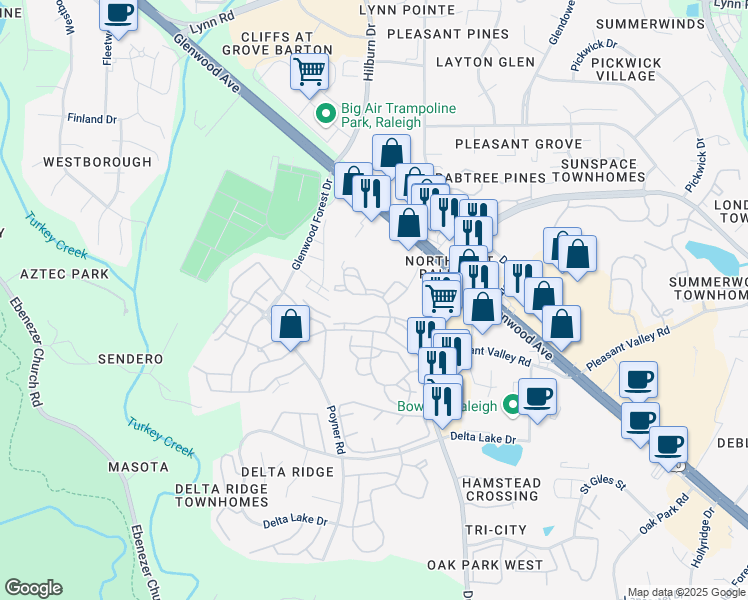 map of restaurants, bars, coffee shops, grocery stores, and more near 6300 Chadford Drive in Raleigh