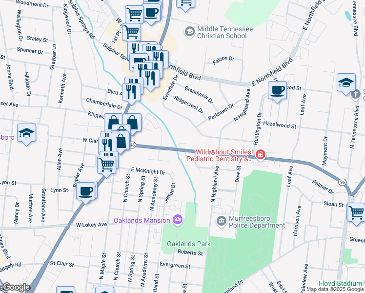 map of restaurants, bars, coffee shops, grocery stores, and more near 315 East Clark Boulevard in Murfreesboro