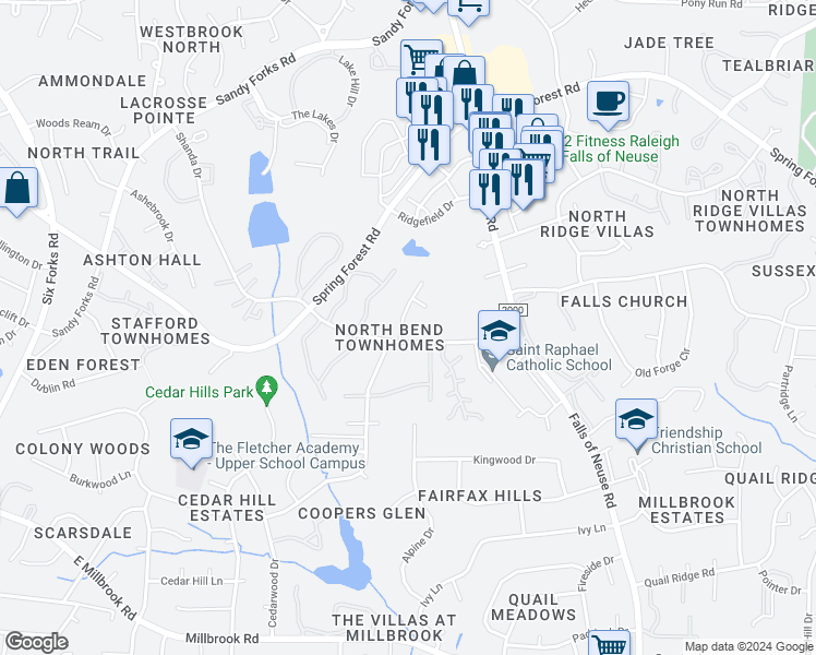 map of restaurants, bars, coffee shops, grocery stores, and more near 5904 Applewood Lane in Raleigh