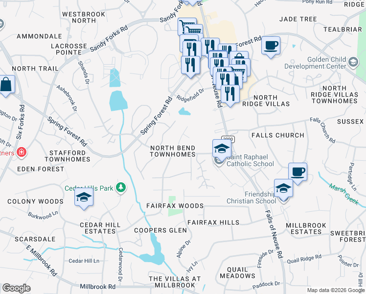 map of restaurants, bars, coffee shops, grocery stores, and more near 5913 Applewood Lane in Raleigh
