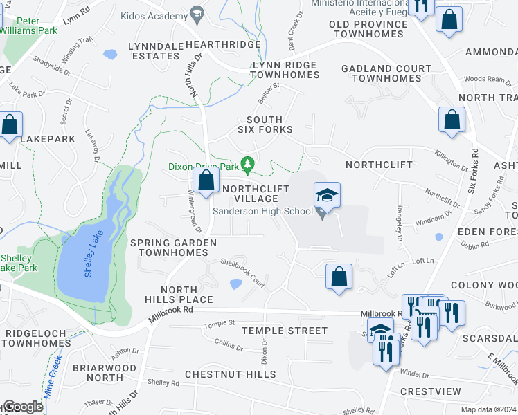 map of restaurants, bars, coffee shops, grocery stores, and more near 5961 Dixon Drive in Raleigh