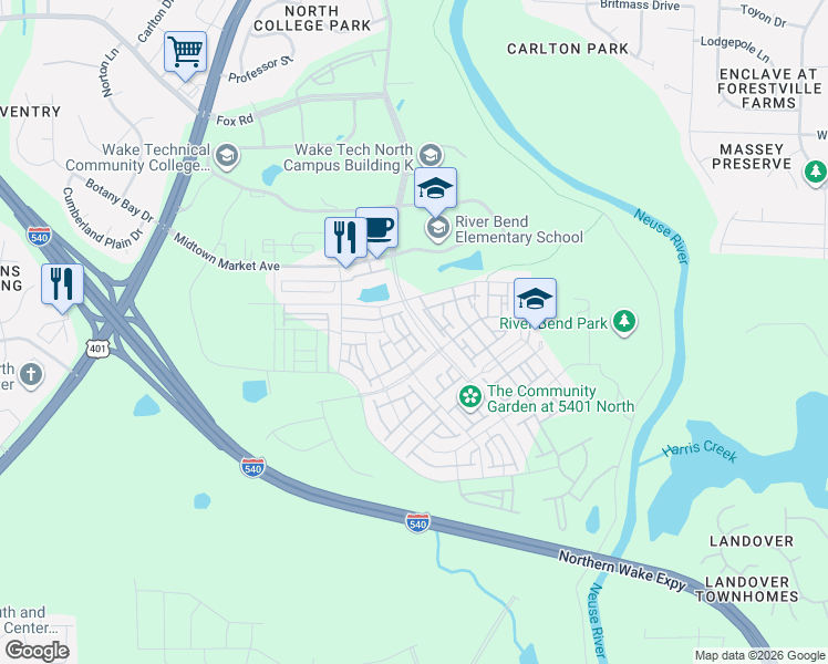 map of restaurants, bars, coffee shops, grocery stores, and more near 5500 Beardall Street in Raleigh