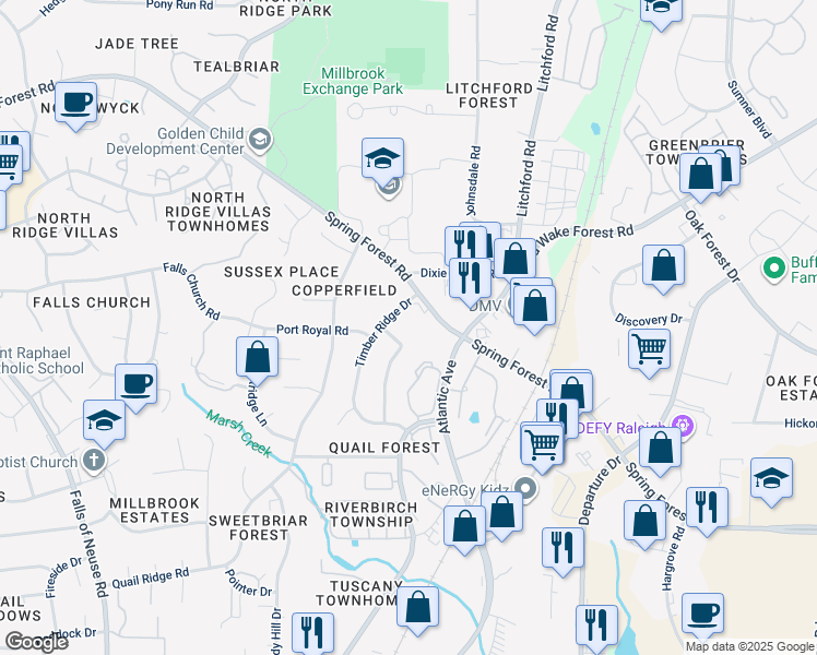 map of restaurants, bars, coffee shops, grocery stores, and more near 5908 Timber Ridge Drive in Raleigh