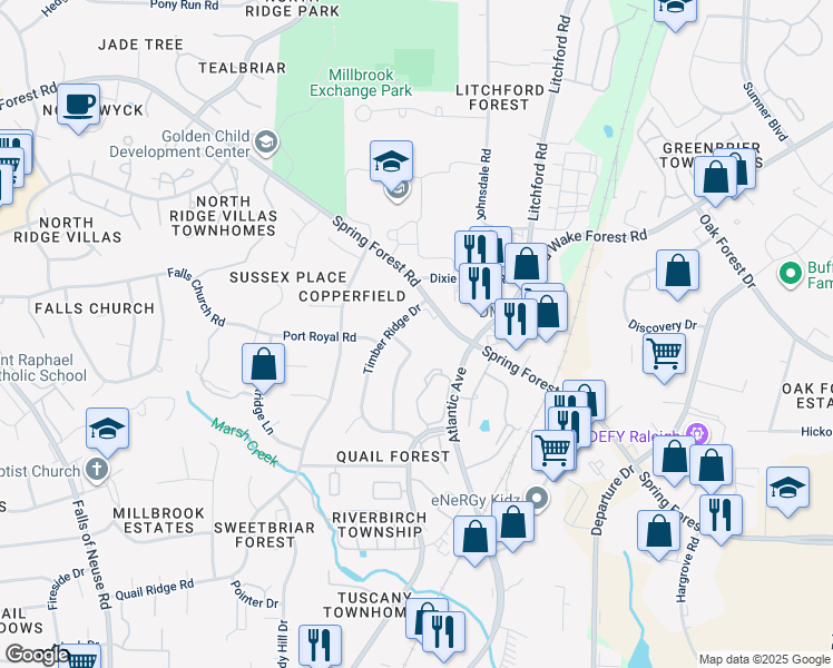 map of restaurants, bars, coffee shops, grocery stores, and more near 5908 Timber Ridge Drive in Raleigh