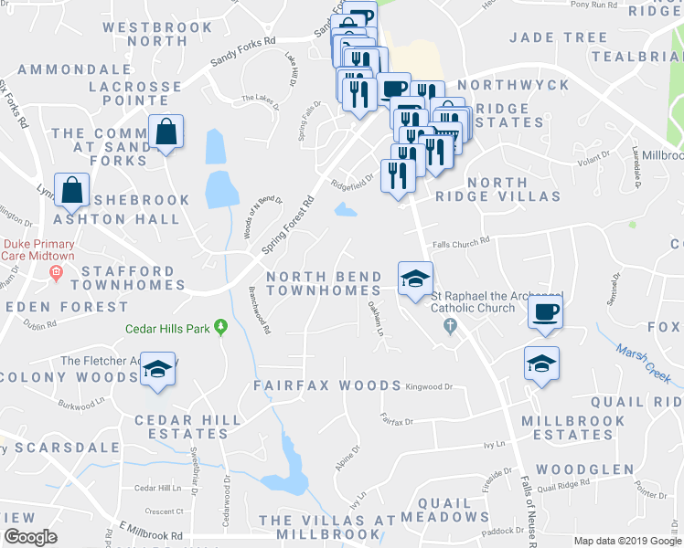 map of restaurants, bars, coffee shops, grocery stores, and more near 5913 Applewood Lane in Raleigh