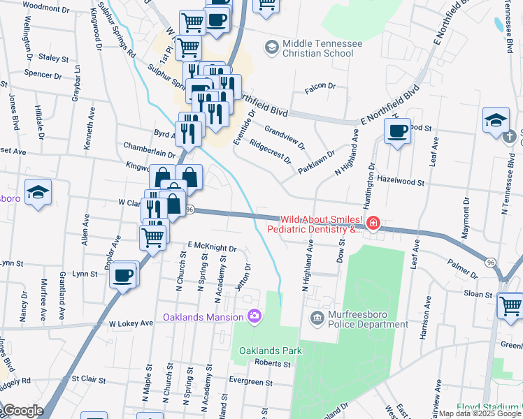 map of restaurants, bars, coffee shops, grocery stores, and more near 315 East Clark Boulevard in Murfreesboro