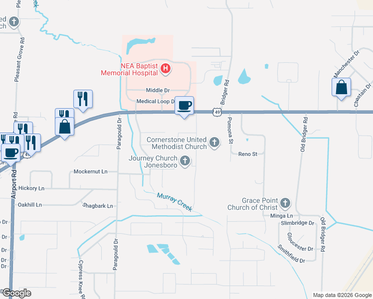 map of restaurants, bars, coffee shops, grocery stores, and more near 4504 Peter Trail in Jonesboro