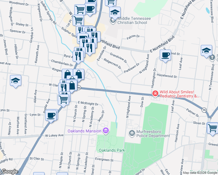 map of restaurants, bars, coffee shops, grocery stores, and more near 315 East Clark Boulevard in Murfreesboro