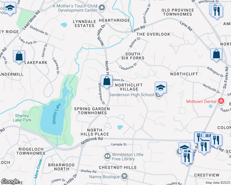 map of restaurants, bars, coffee shops, grocery stores, and more near 5932 Crepe Myrtle Court in Raleigh