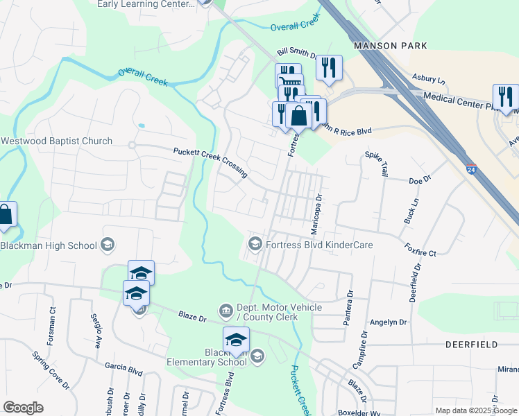 map of restaurants, bars, coffee shops, grocery stores, and more near 3911 Puckett Creek Crossing in Murfreesboro