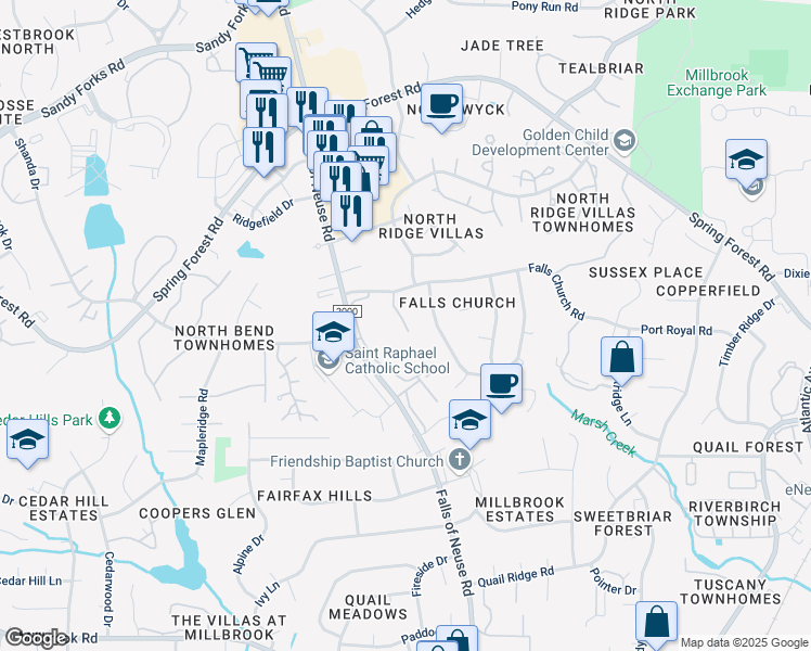 map of restaurants, bars, coffee shops, grocery stores, and more near 5212 Old Forge Circle in Raleigh