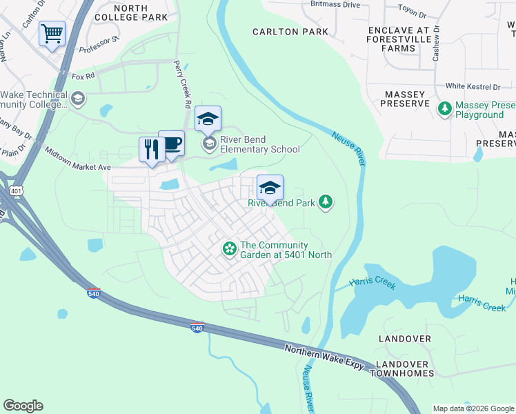 map of restaurants, bars, coffee shops, grocery stores, and more near 5516 Beckom Street in Raleigh