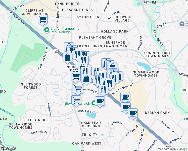 map of restaurants, bars, coffee shops, grocery stores, and more near 6802 Davis Circle in Raleigh