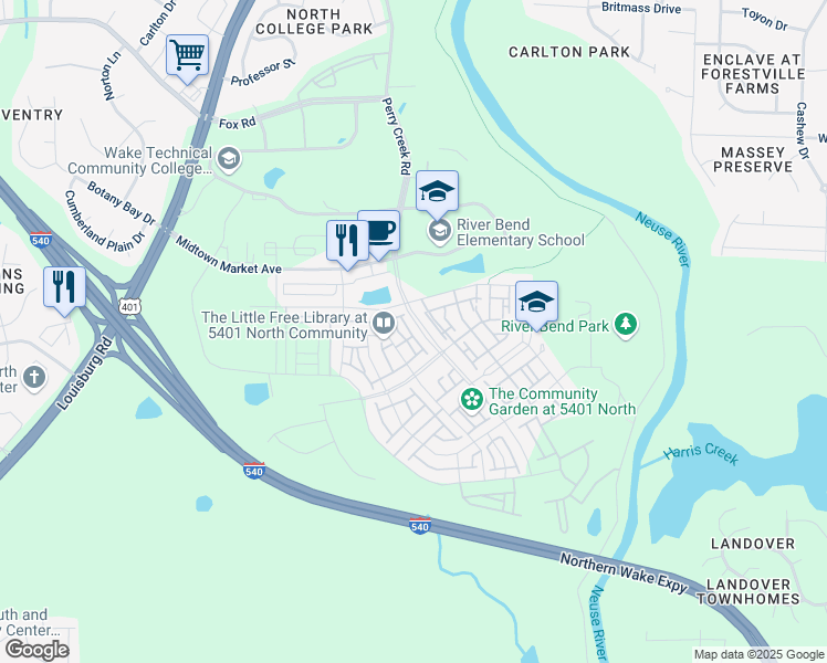 map of restaurants, bars, coffee shops, grocery stores, and more near 5500 Beardall Street in Raleigh