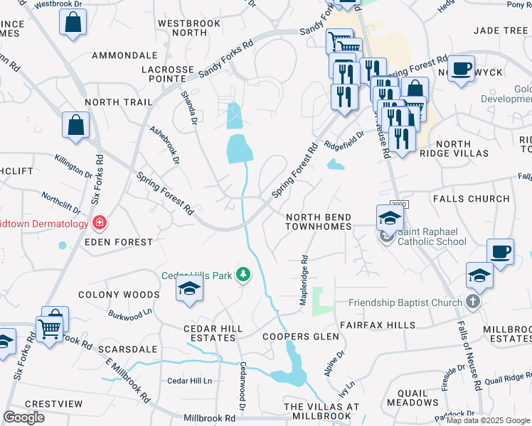 map of restaurants, bars, coffee shops, grocery stores, and more near 5873 Branchwood Road in Raleigh