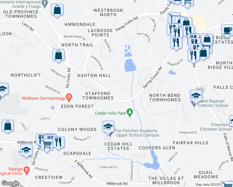 map of restaurants, bars, coffee shops, grocery stores, and more near 321 Spring Forest Rd in Raleigh