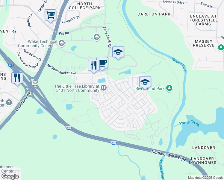 map of restaurants, bars, coffee shops, grocery stores, and more near 5500 Beardall Street in Raleigh