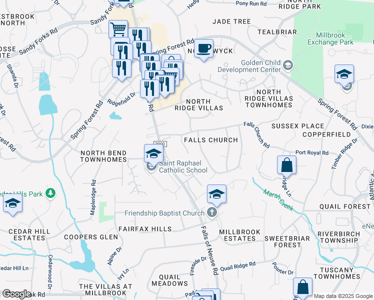 map of restaurants, bars, coffee shops, grocery stores, and more near 5212 Old Forge Circle in Raleigh