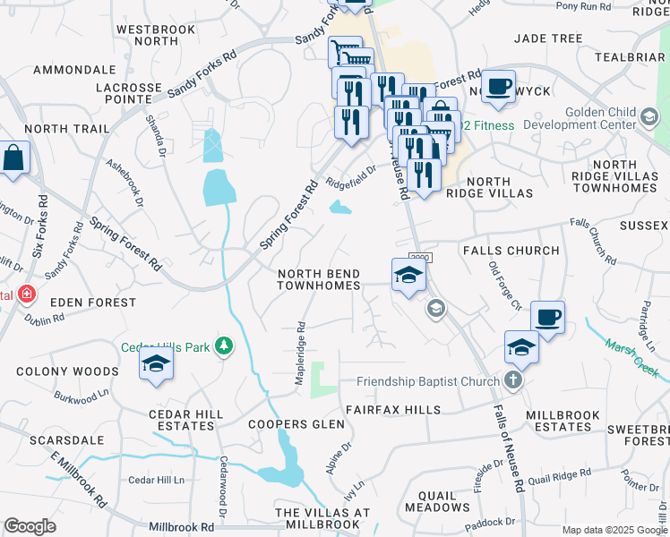 map of restaurants, bars, coffee shops, grocery stores, and more near 5913 Applewood Lane in Raleigh