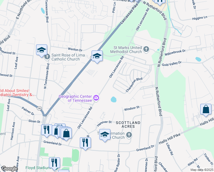 map of restaurants, bars, coffee shops, grocery stores, and more near 1501 Old Lascassas Road in Murfreesboro