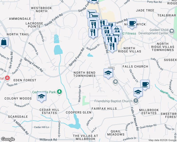 map of restaurants, bars, coffee shops, grocery stores, and more near 5913 Applewood Lane in Raleigh