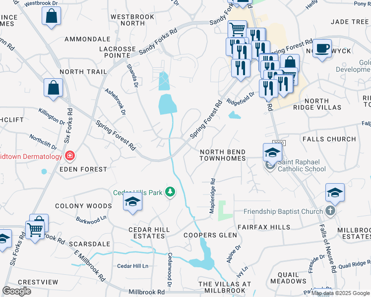 map of restaurants, bars, coffee shops, grocery stores, and more near 5873 Branchwood Road in Raleigh