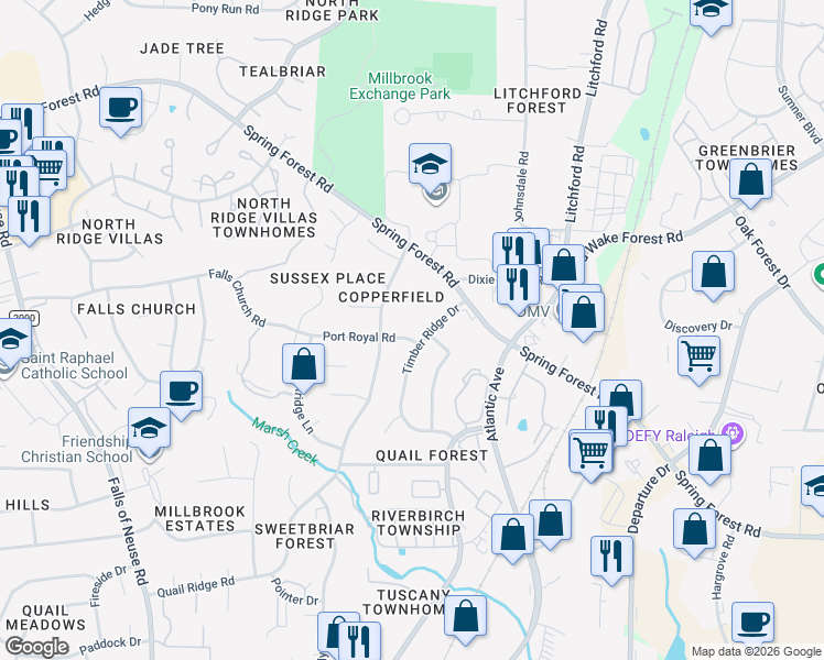 map of restaurants, bars, coffee shops, grocery stores, and more near 2109 Port Royal Road in Raleigh