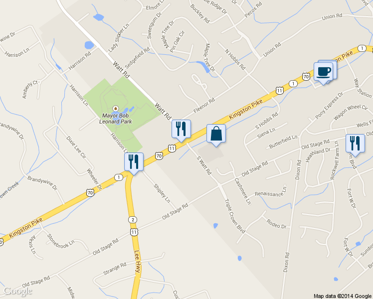 map of restaurants, bars, coffee shops, grocery stores, and more near 13100 Kingston Pike in Knoxville