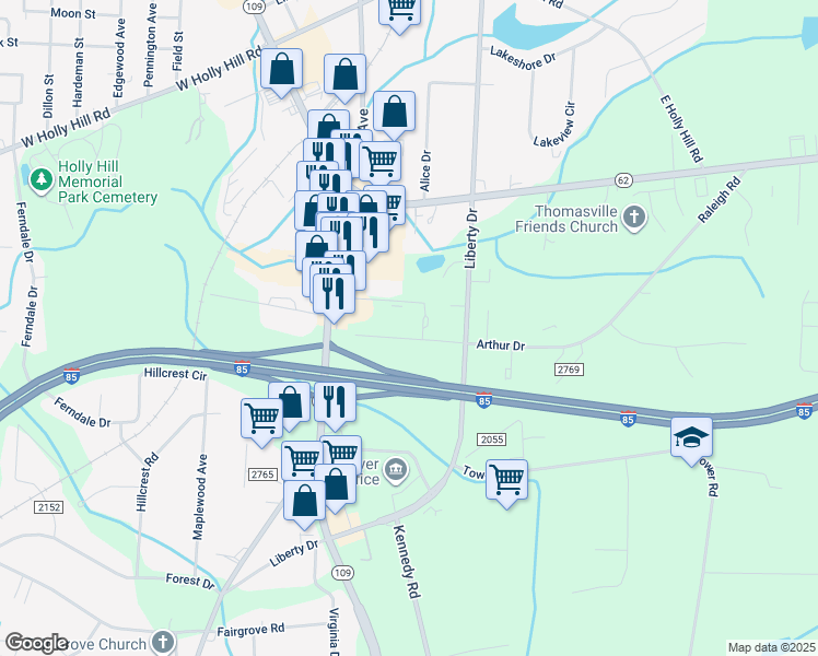 map of restaurants, bars, coffee shops, grocery stores, and more near 10 Laura Lane in Thomasville