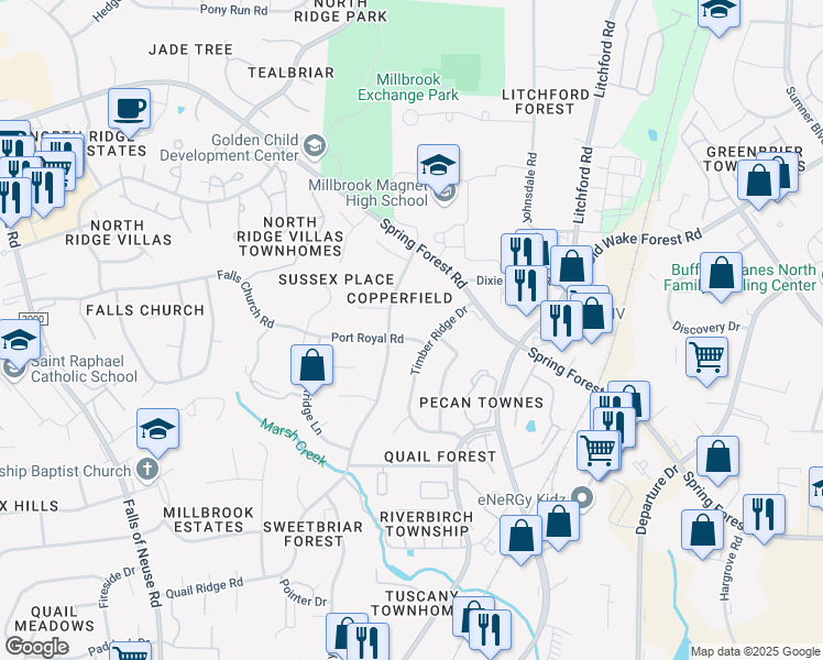 map of restaurants, bars, coffee shops, grocery stores, and more near 2109 Port Royal Road in Raleigh