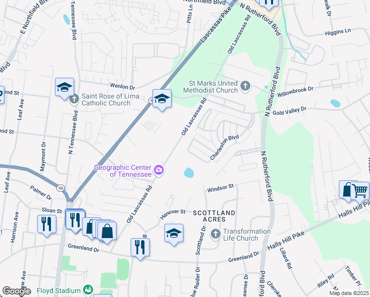 map of restaurants, bars, coffee shops, grocery stores, and more near 1144 Charleston Boulevard in Murfreesboro