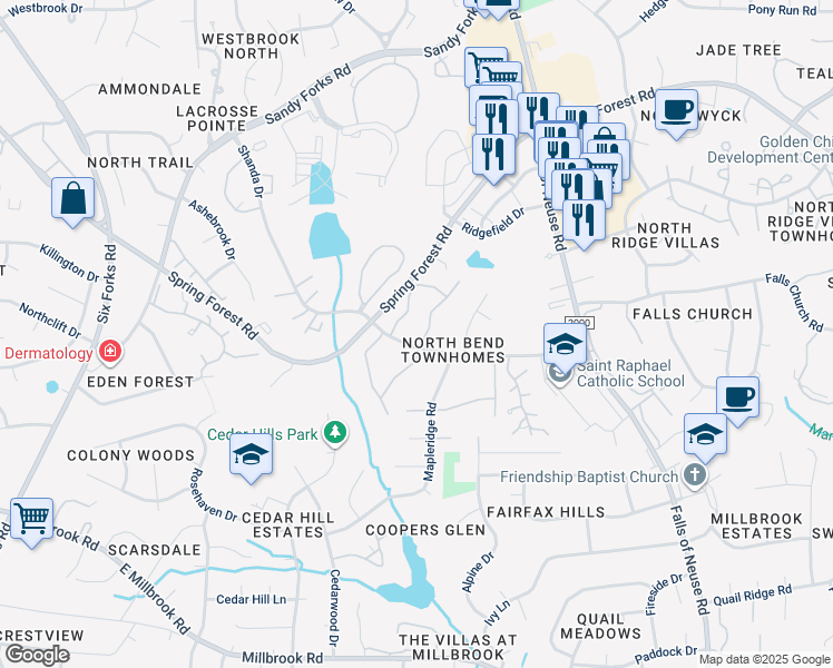 map of restaurants, bars, coffee shops, grocery stores, and more near 5903 Whitebud Drive in Raleigh