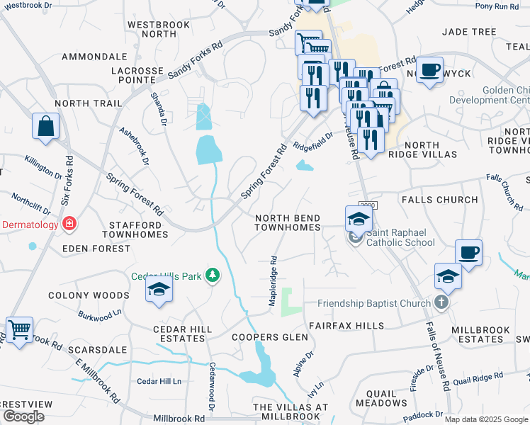 map of restaurants, bars, coffee shops, grocery stores, and more near 5903 Whitebud Drive in Raleigh