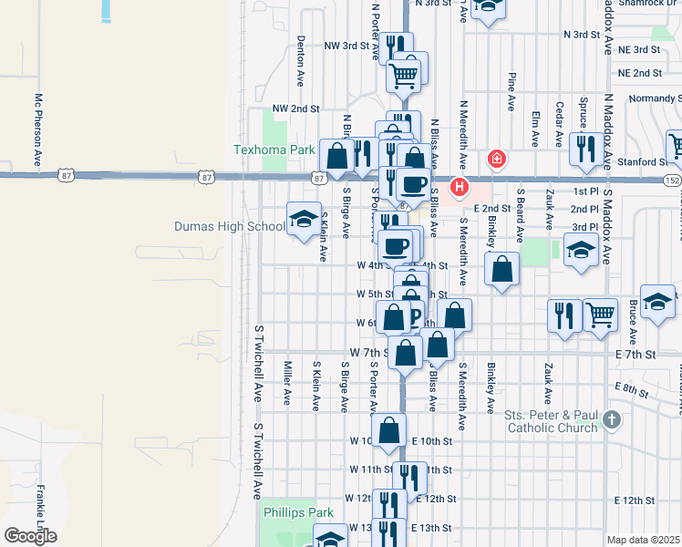 map of restaurants, bars, coffee shops, grocery stores, and more near 408 South Birge Avenue in Dumas