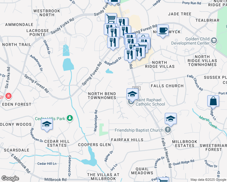 map of restaurants, bars, coffee shops, grocery stores, and more near 808 Flintwood Court in Raleigh