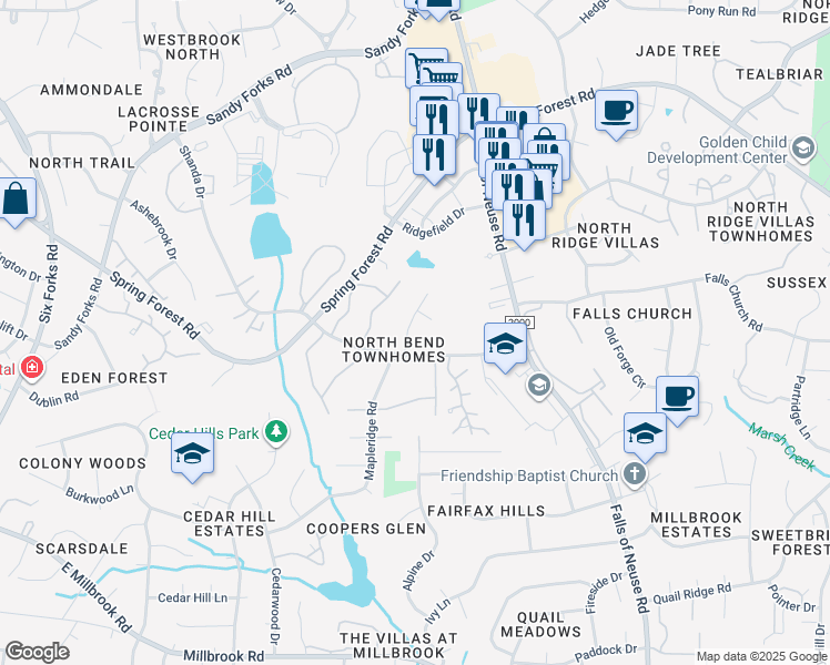 map of restaurants, bars, coffee shops, grocery stores, and more near 5910 Applewood Lane in Raleigh