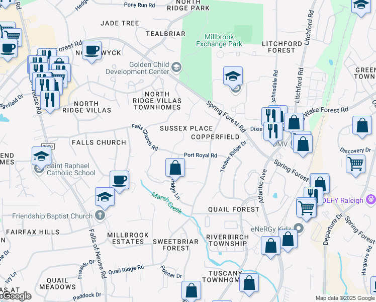 map of restaurants, bars, coffee shops, grocery stores, and more near 2005 Port Royal Rd in Raleigh