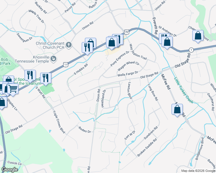 map of restaurants, bars, coffee shops, grocery stores, and more near 12731 Heathland Drive in Knoxville