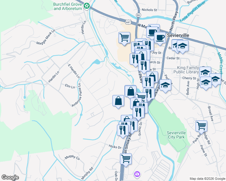 map of restaurants, bars, coffee shops, grocery stores, and more near 428 Larkspur Way in Sevierville